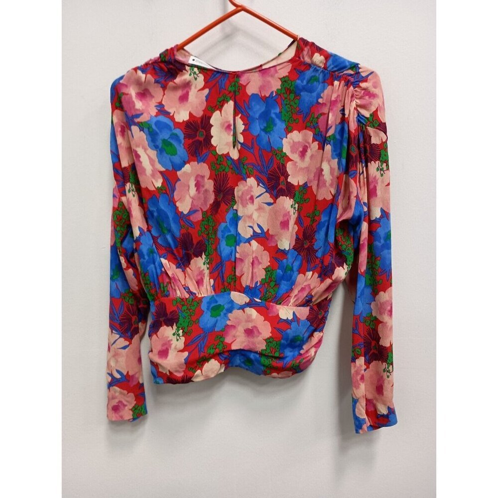 Zara Womens Blouse XS Red Blue Floral Drape Long Sleeve Crew Neck Pullover Top - Picture 8 of 10